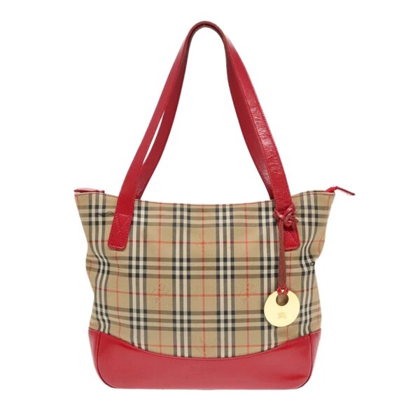 Burberrys Nova Check Hand Bag Canvas Leather Beige Red gold Auth 93197 - Picture 1 of 15